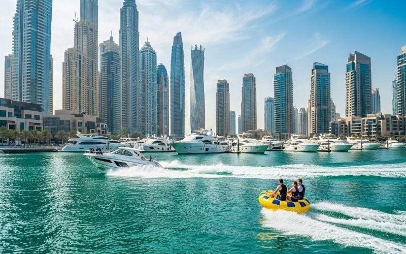 Donut-ride-Dubai-at-Dubai-Marina-with-yachts-and-skyscrapers-in-the-background