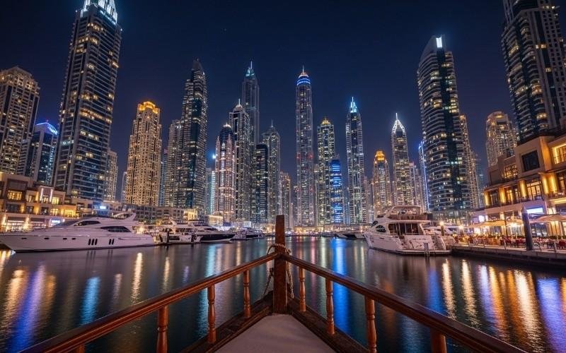 Dubai-Marina-skyline-and-yachts-seen-from-a-dinner-dhow-cruise-at-night