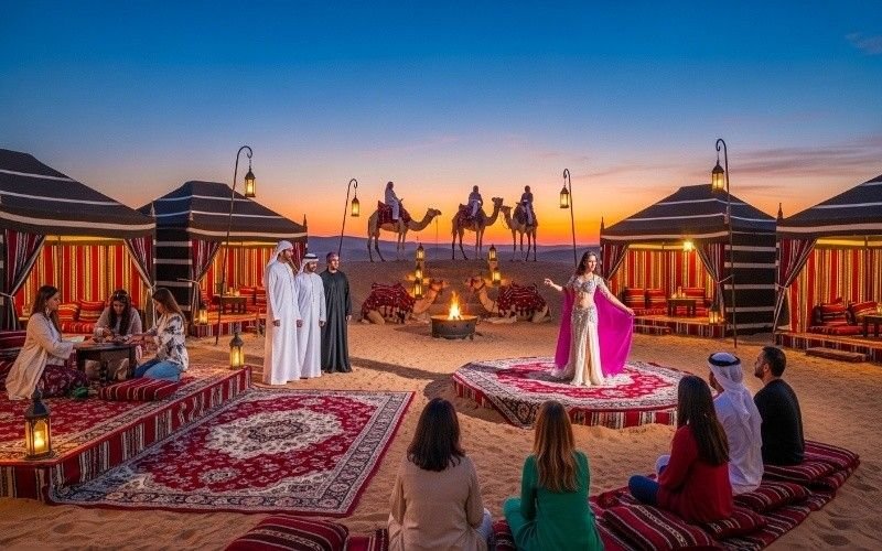 Dubai-desert-camp-activities-including-camel-rides-and-cultural-performances