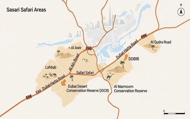 Dubai-desert-safari-location-map-showing-Lahbab-Al-Awir-DDCR-Al-Marmoom-with-major-roads-E44-E66-Al-Qudra-Road-for-self-drive-and-tour-planning