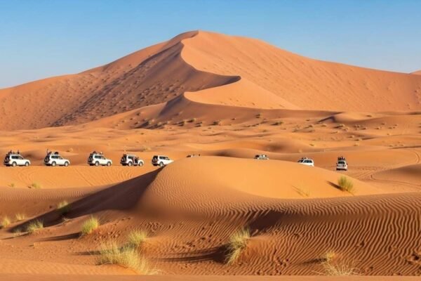 Dubai-desert-safari-overview-showing-Lahbab-and-Al-Marmoom-deserts-red-dunes-and-golden-sand-4x4-vehicles-in-distance-Dubai-UAE