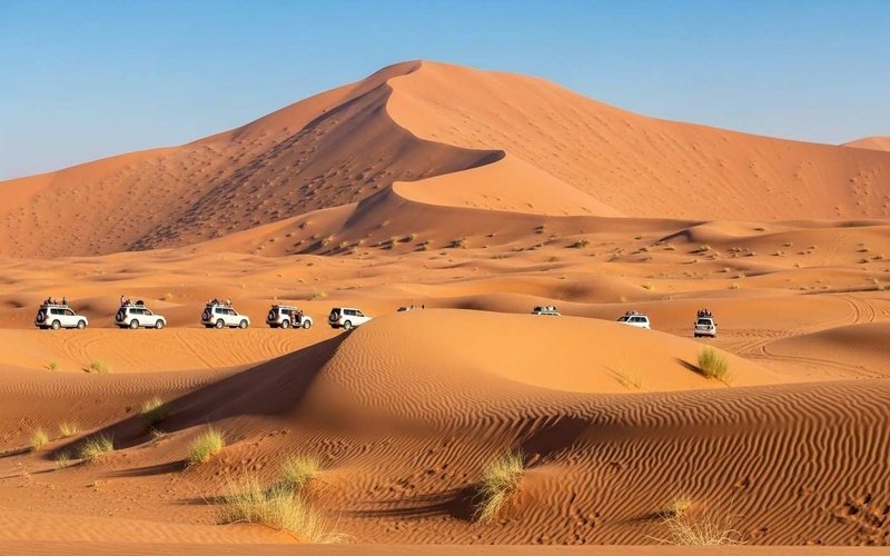Dubai-desert-safari-overview-showing-Lahbab-and-Al-Marmoom-deserts-red-dunes-and-golden-sand-4x4-vehicles-in-distance-Dubai-UAE