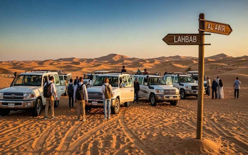Dubai-desert-safari-pickup-location-with-4x4-vehicles-and-tourists-boarding-early-evening-Lahbab-and-Al-Awir-direction-signs