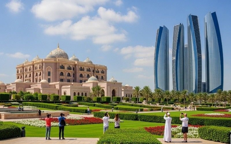 Emirates-Palace-and-Etihad-Towers-in-Abu-Dhabi-with-tourists-taking-photos