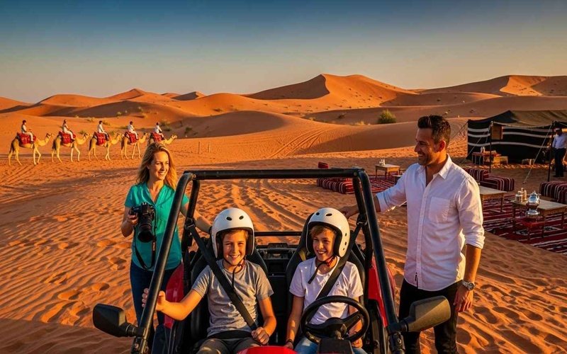 Family-enjoying-a-desert-safari-in-Dubai-with-kids-on-dune-buggies,-camel-rides,-and-a-small-desert-camp-at-sunset.