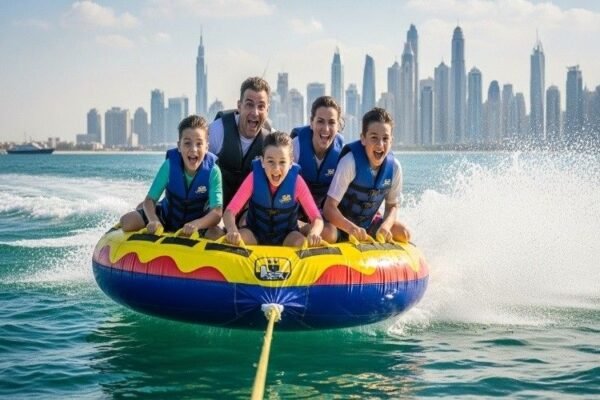 Family-enjoying-donut-ride-Dubai-water-sports-with-Dubai-Marina-skyline-in-the-background