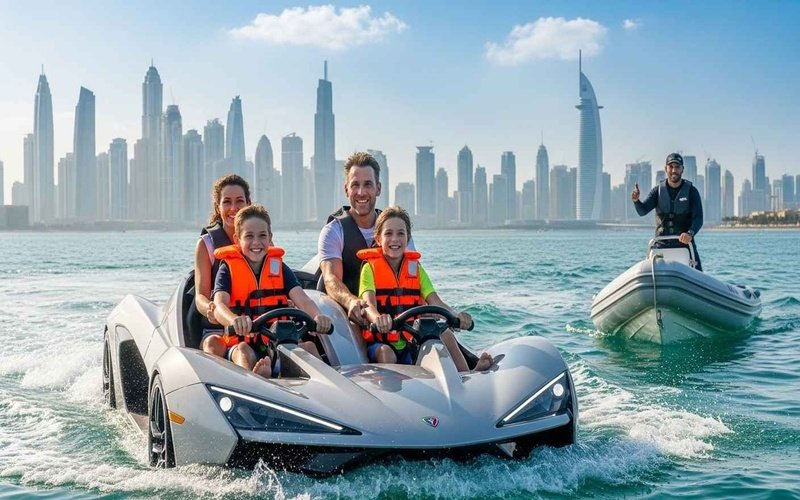 Family-enjoying-safe-jet-car-ride-in-Dubai-Marina-with-instructor-nearby1