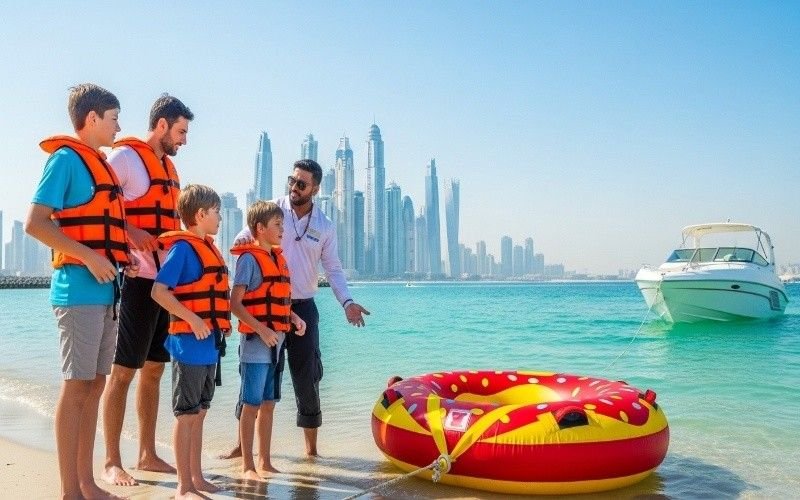 Family-getting-ready-for-donut-ride-Dubai-water-sports-with-safety-briefing-and-life-jackets