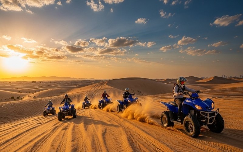 Group-riding-quad-bikes-on-golden-sand-dunes-in-Dubai