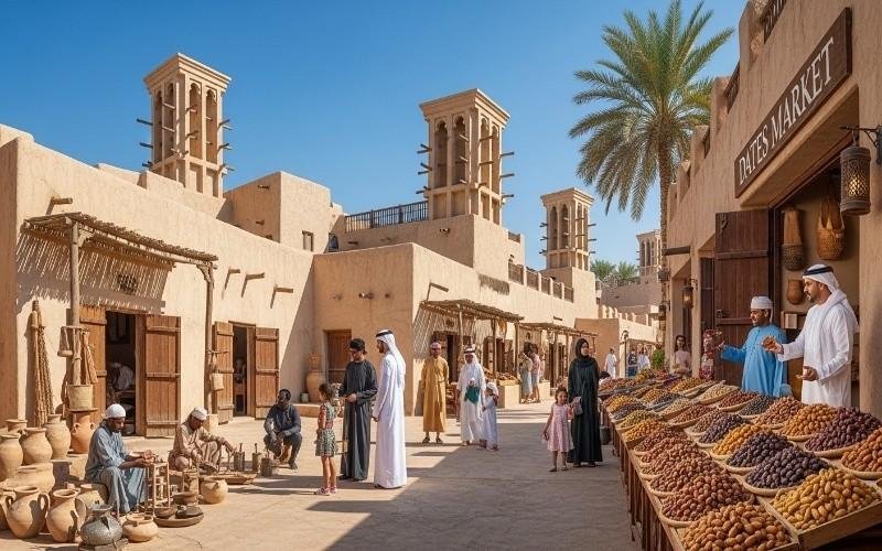 Heritage-Village-in-Abu-Dhabi-with-traditional-houses,-local-crafts,-and-fresh-dates-at-the-Dates-Market.