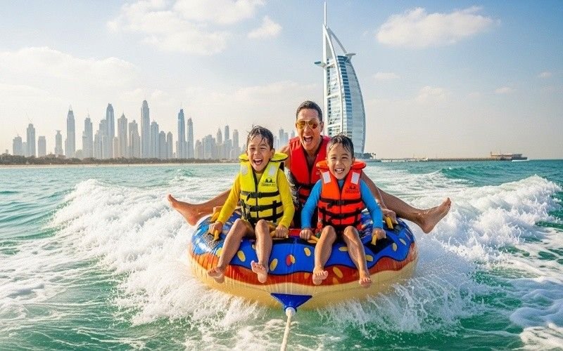 Kids-enjoying-safe-water-sports-on-a-donut-ride-Dubai-with-life-jackets