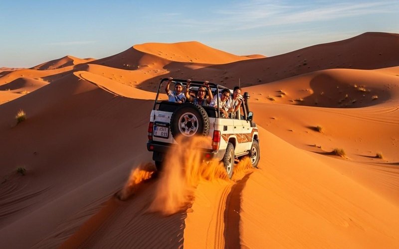 Lahbab-desert-Dubai-with-high-red-dunes-4x4-dune-bashing-adventure-tourists-enjoying-desert-safari-activities