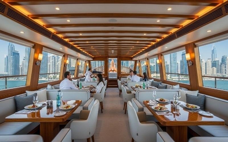 Luxury-interior-of-Dubai-Marina-dhow-boat-with-buffet-dinner