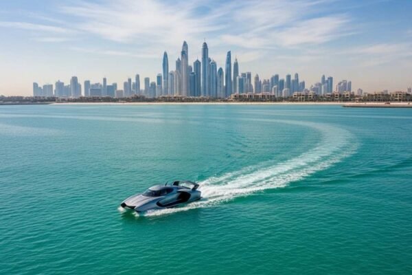 Luxury-jet-car-gliding-on-Dubai-Marina-waters-with-Burj-Khalifa-in-background1