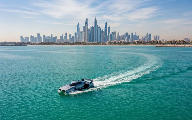 Luxury-jet-car-gliding-on-Dubai-Marina-waters-with-Burj-Khalifa-in-background1