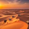 Panoramic-view-of-Dubai-desert-at-sunset-with-golden-and-red-sand-dunes-and-a-4x4-vehicle-dune-bashing-in-the-distance.