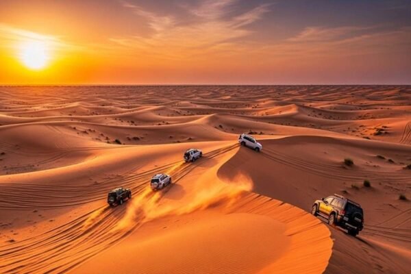 Panoramic-view-of-Dubai-desert-at-sunset-with-golden-and-red-sand-dunes-and-a-4x4-vehicle-dune-bashing-in-the-distance.