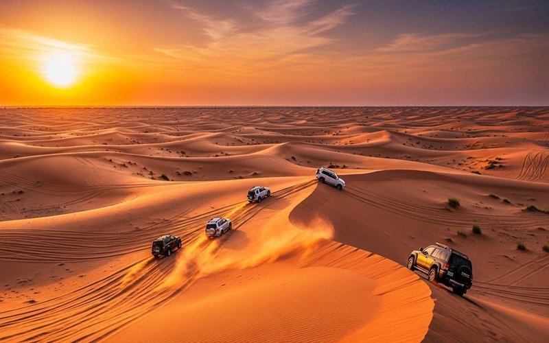 Panoramic-view-of-Dubai-desert-at-sunset-with-golden-and-red-sand-dunes-and-a-4x4-vehicle-dune-bashing-in-the-distance.