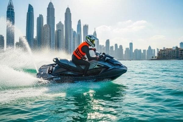 Person-riding-a-jet-ski-on-turquoise-water-with-Dubai-Marina-skyline-in-the-background-on-a-sunny-day
