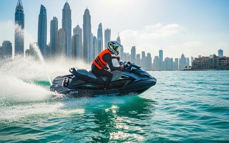 Person-riding-a-jet-ski-on-turquoise-water-with-Dubai-Marina-skyline-in-the-background-on-a-sunny-day