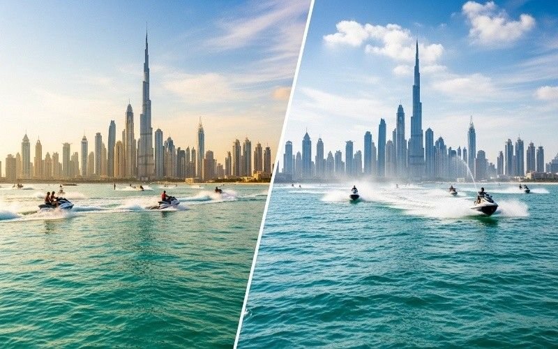 Split-image-showing-calm-morning-waters-vs-slightly-choppy-summer-waters-for-jet-ski-rides-in-Dubai-with-skyline-in-background