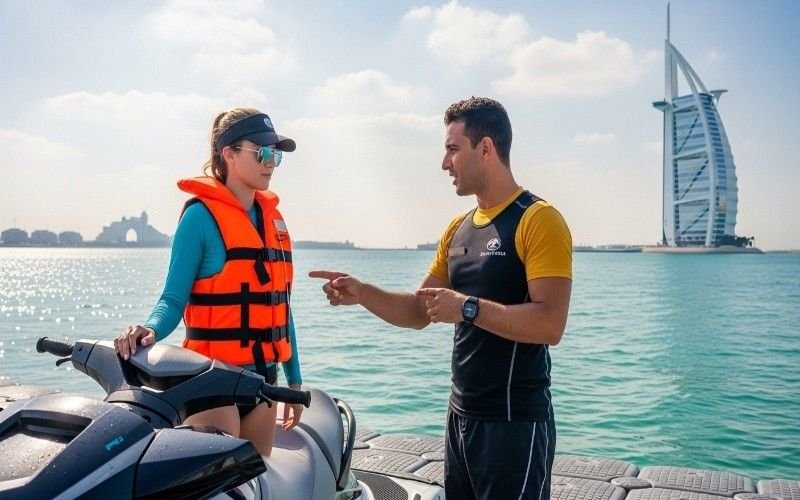 Tourist-wearing-life-jacket-receiving-safety-instructions-from-a-professional-instructor-before-jet-ski-ride-in-Dubai