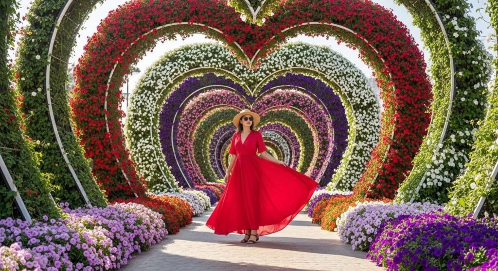 Woman wearing a bright red flowy dress standing in the Heart Tunnel at Dubai Miracle Garden surrounded by colorful flowers.