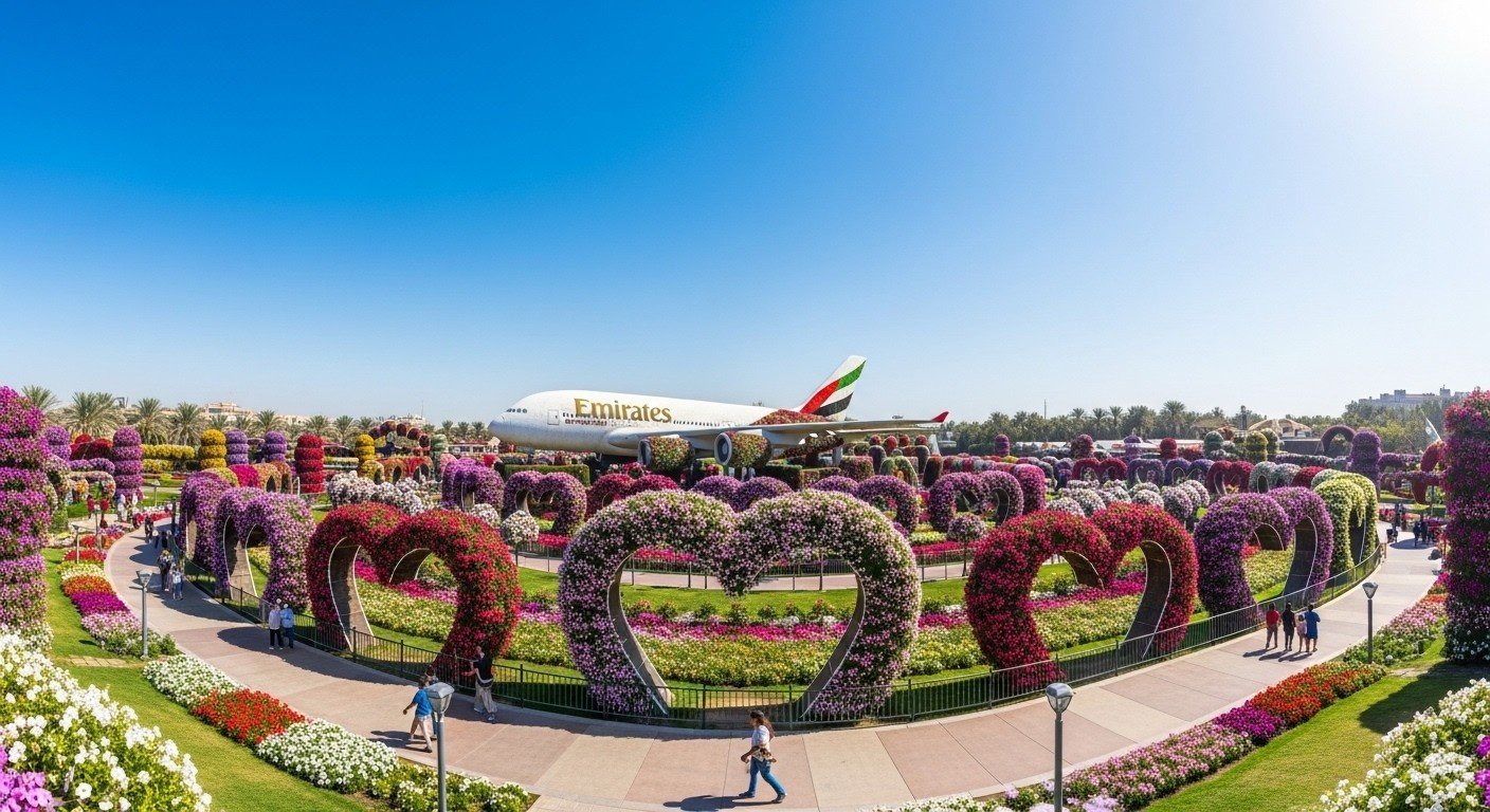 Wide angle view of Dubai Miracle Garden showing colorful flower tunnels, arches, and floral sculptures under a clear blue sky.