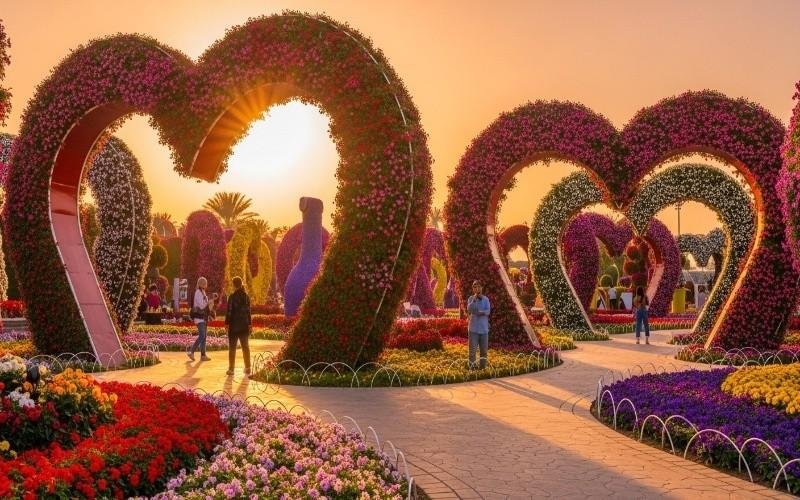 Dubai Miracle Garden travel guide with heart tunnels, flower sculptures, and Emirates A380 floral display.