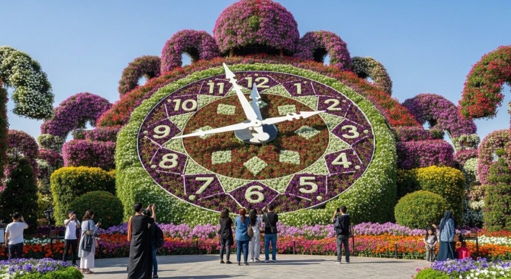 Large floral clock at Dubai Miracle Garden with colorful flowers arranged in a circular pattern, visitors taking photos around it.