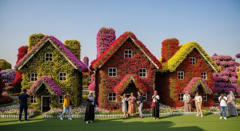 Colorful flower-covered houses at Dubai Miracle Garden with visitors taking photos in front of them.