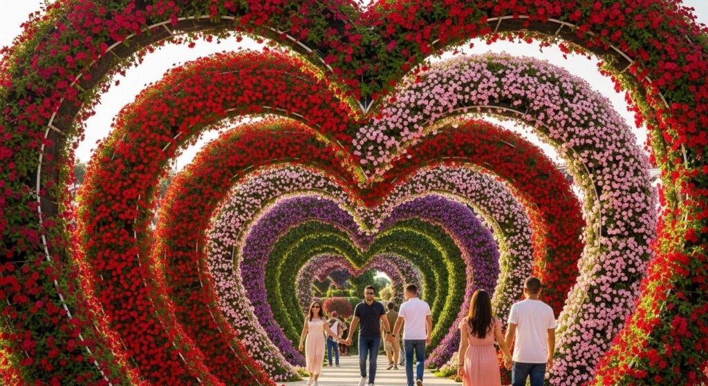 Couple walking through the Heart Tunnel at Dubai Miracle Garden surrounded by red and pink flower arches.
