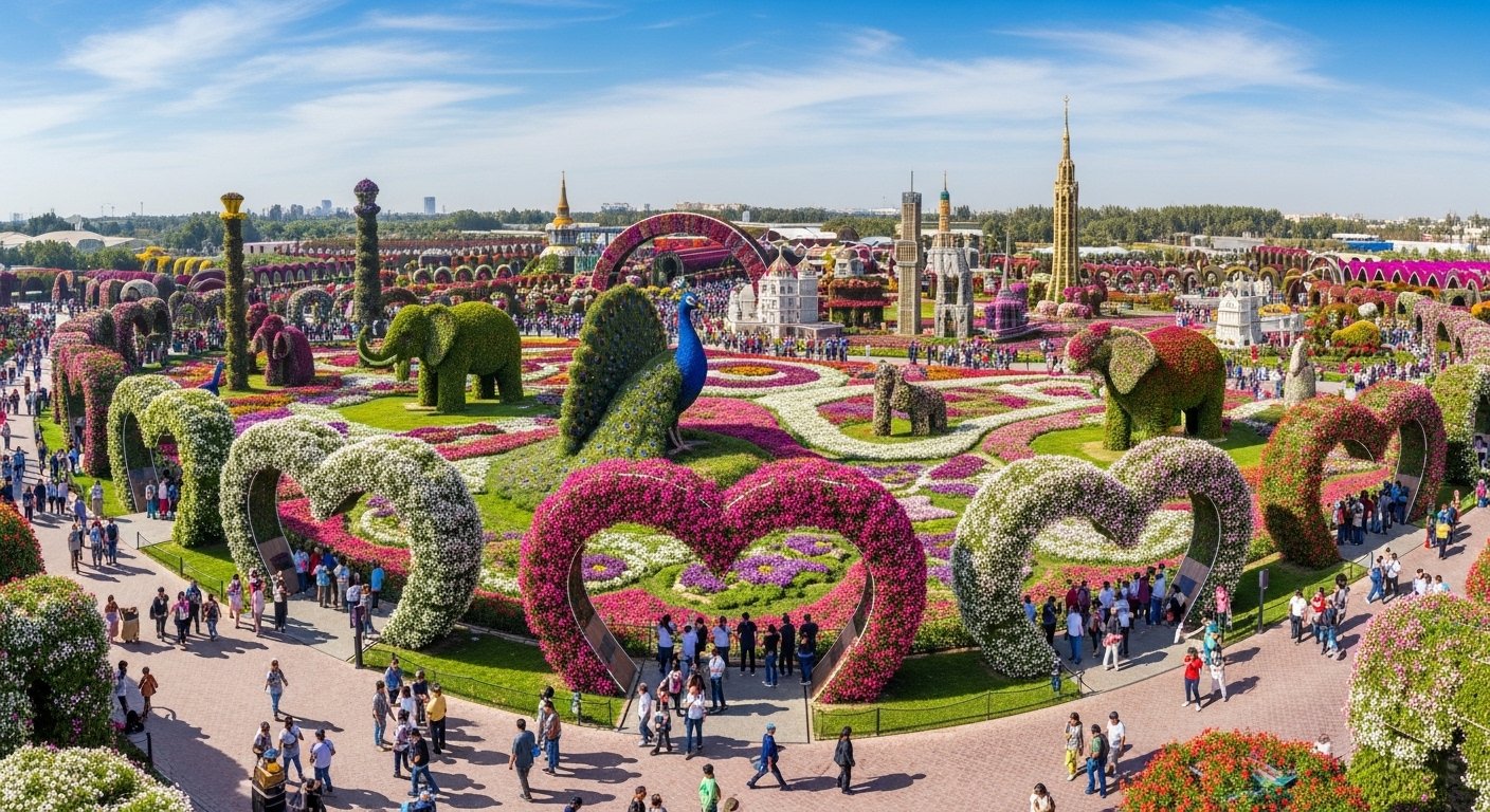 Visitors exploring colorful floral sculptures, heart-shaped arches, and peacock displays at Dubai Miracle Garden – miracle garden dubai sightseeing tour