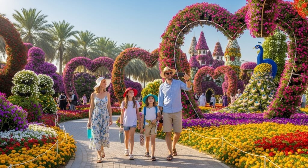 Family enjoying a miracle garden dubai sightseeing tour, walking under heart-shaped floral arches and colorful flower displays.