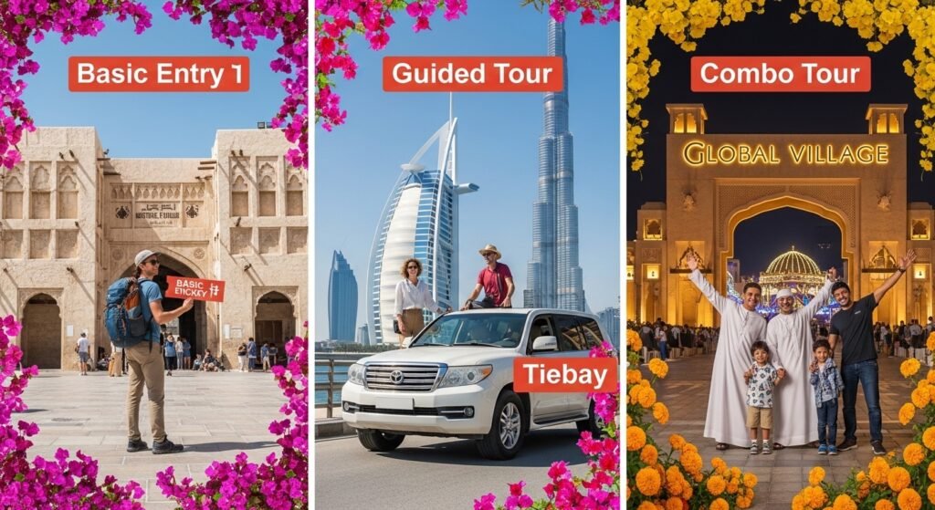 Colorful tour options banner showing Basic Entry, Guided Tour, and Combo Tour at Dubai Miracle Garden with tourists exploring Dubai attractions – miracle garden dubai sightseeing tour
