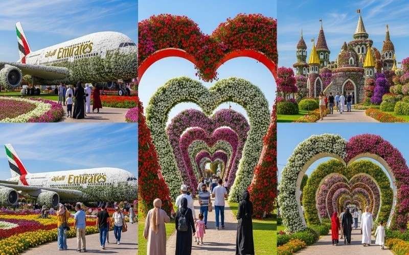Dubai Miracle Garden travel guide featuring heart tunnels, flower sculptures, and the Emirates A380 floral display.