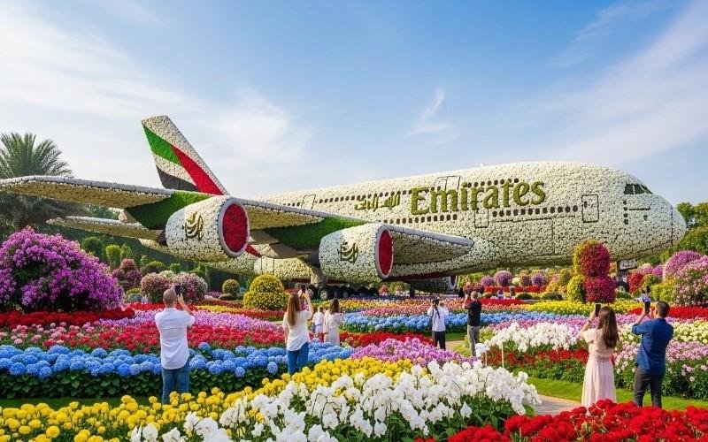Dubai Miracle Garden travel guide showing heart tunnels, flower sculptures, and Emirates A380 floral display.