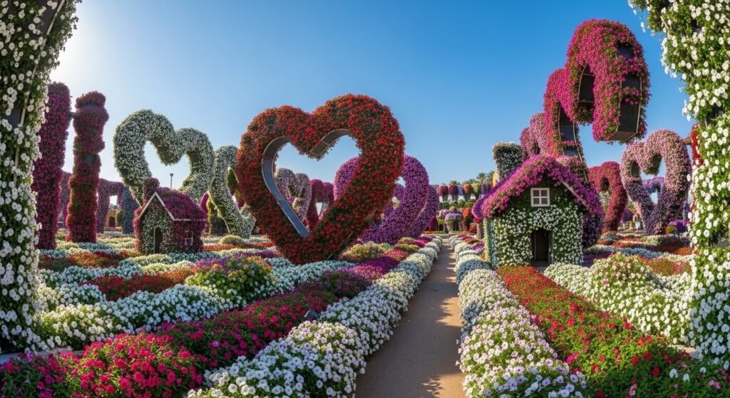 Wide view of Dubai Miracle Garden with colorful flower tunnels, arches, and floral sculptures under a bright blue sky.