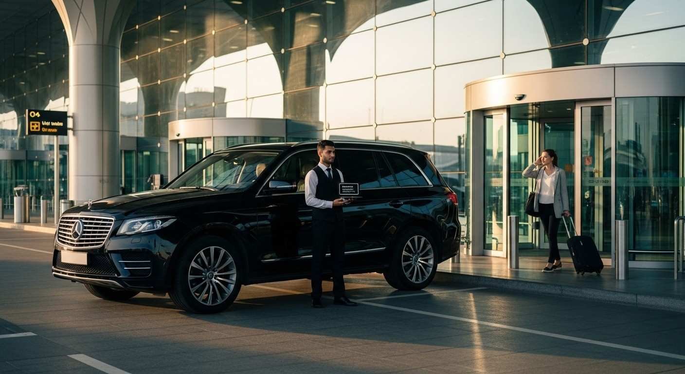 airport pickup Dubai airport pickup service luxury SUV chauffeur meet and greet airport transfer UAE arrival at Dubai International Airport
