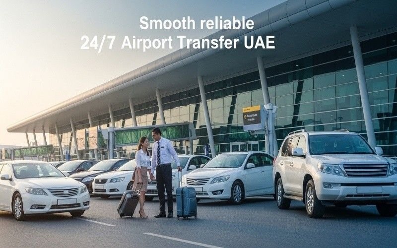 Clean travel map style visual showing airport transfer Abu Dhabi routes from Zayed International Airport to Dubai, Yas Island, Corniche, Saadiyat Island, and Khalifa City with luxury cars and shuttle vans for smooth airport transfers.
