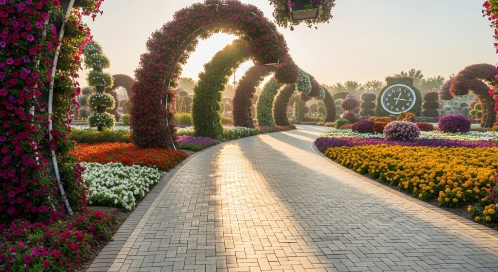 Colorful floral arches lining a curved walkway at Dubai Miracle Garden, with vibrant flower beds and a large decorative clock surrounded by blooming plants in soft morning light.