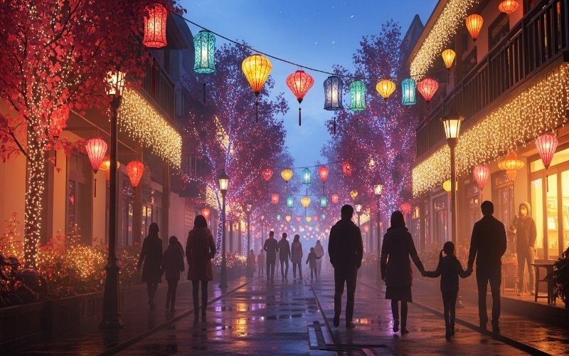 Colorful lantern-lit street in Dubai with families walking under glowing lights during a miracle garden dubai half day tour