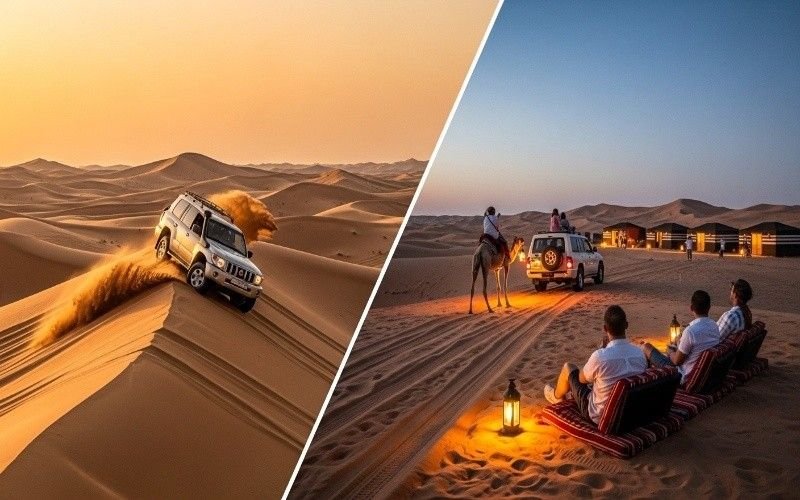Peaceful desert safari in Dubai at sunset with seniors and a family enjoying camel rides near a glowing Bedouin camp with cultural activities and relaxed atmosphere.