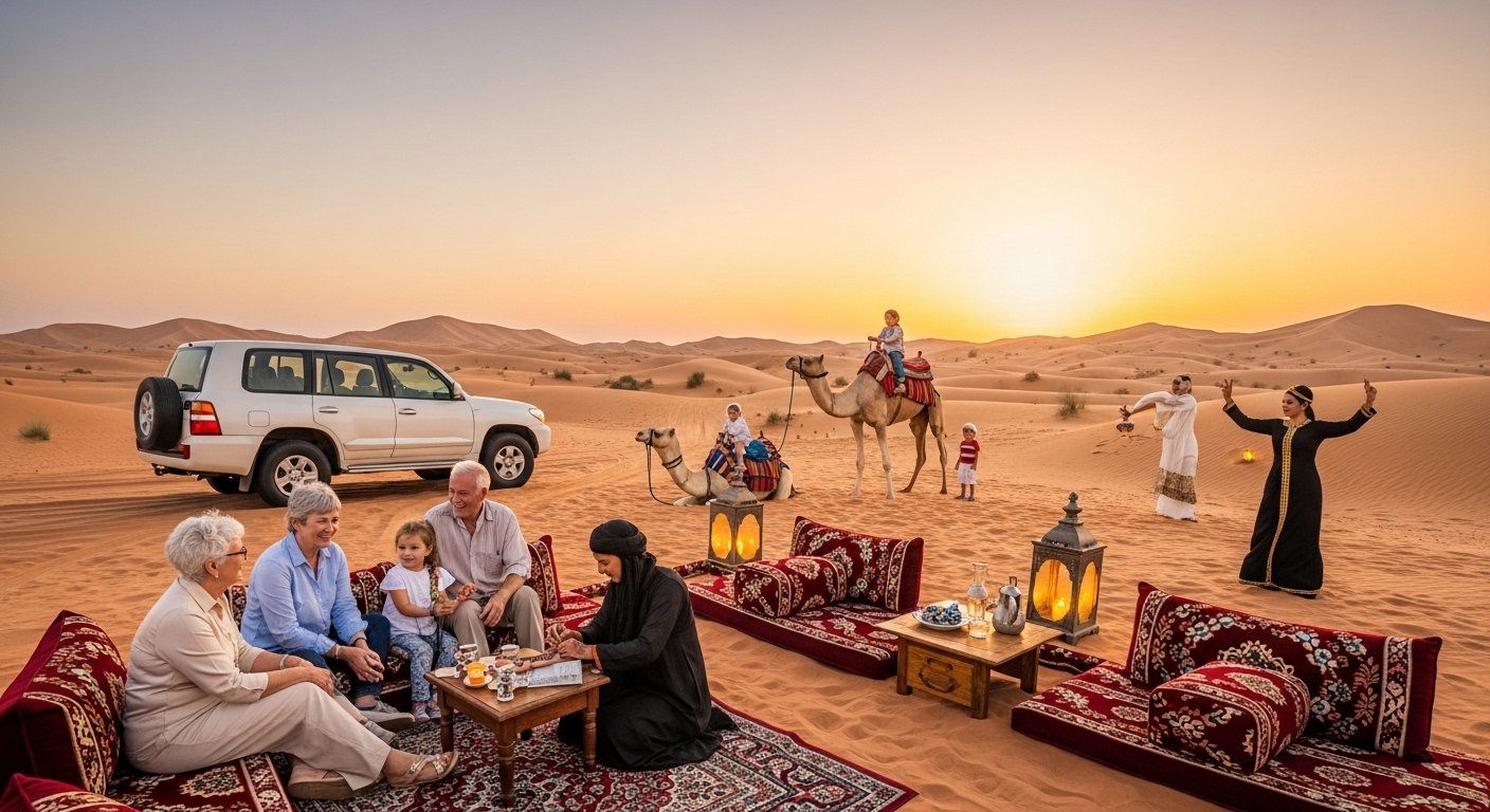 Peaceful desert safari in Dubai at sunset with seniors and a family enjoying a camel ride near a softly lit Bedouin camp with cultural activities.