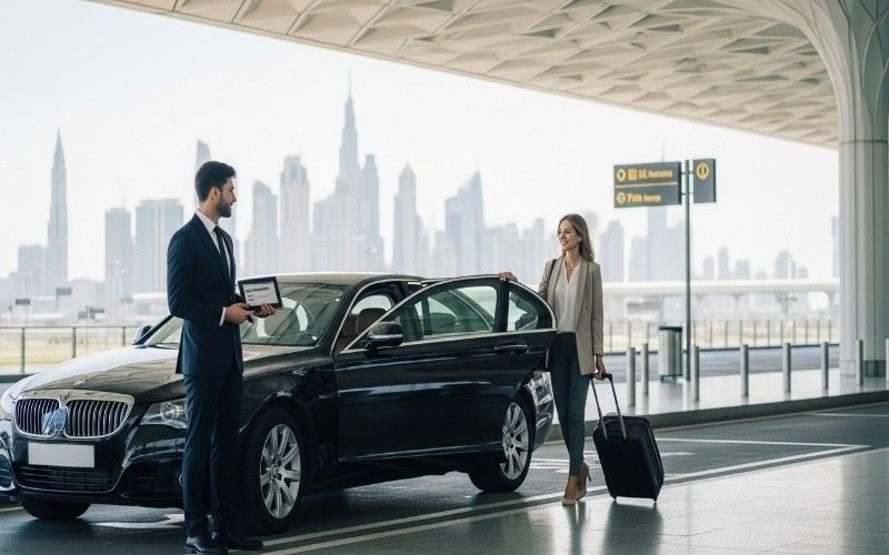 Luxury airport transfer at Dubai airport with black car, chauffeur holding name board, happy traveler with luggage, private airport transfer Dubai and DXB airport transfer service scene.