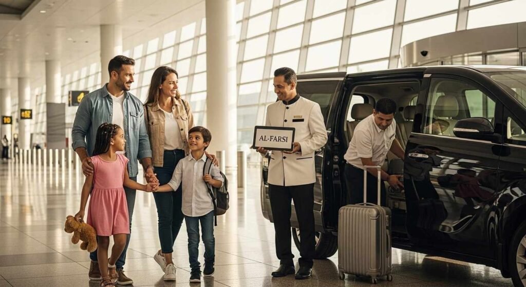 airport pickup service Dubai family arrival Dubai International Airport chauffeur meet and greet minivan airport transfer UAE luggage loading