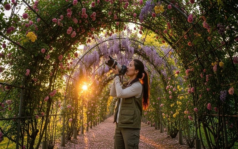 Photographer capturing hidden spots in Dubai Miracle Garden inside a flower tunnel at sunset, surrounded by pink and purple blooms”