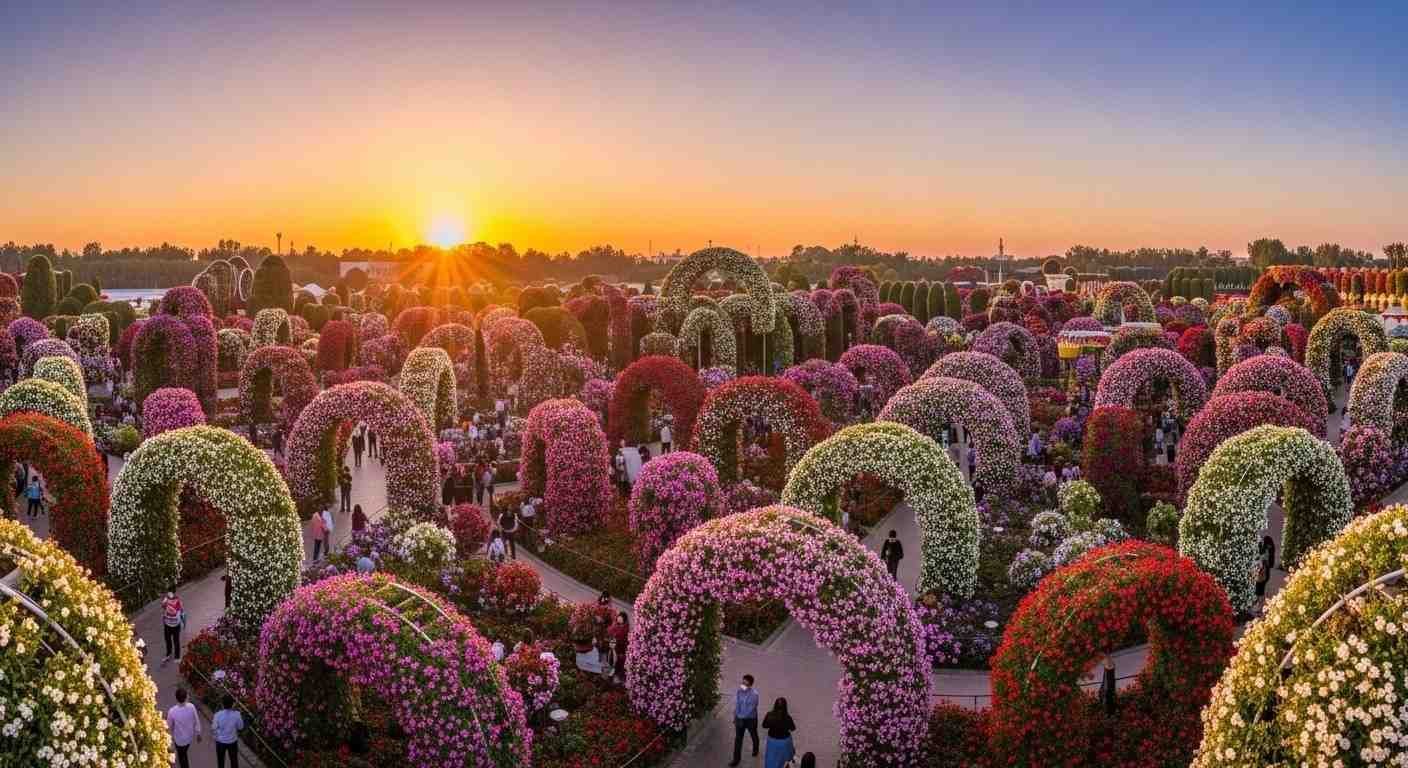 Hidden spots in Dubai Miracle Garden with vibrant flower arches at sunset view