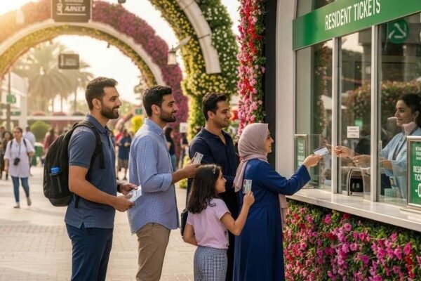 UAE residents at Dubai Miracle Garden ticket counter using UAE resident ticket Miracle Garden with Emirates ID for discounted entry and flower garden in background