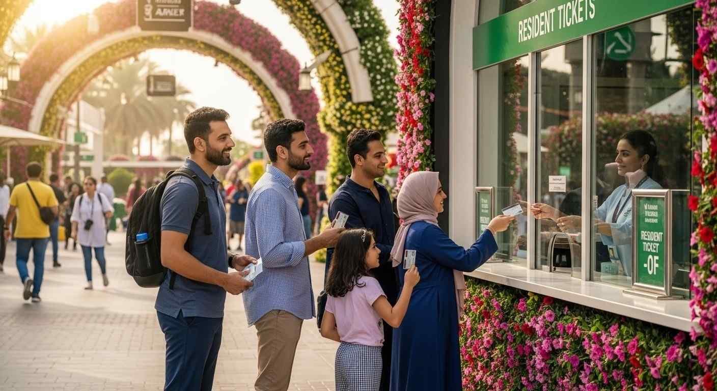 UAE residents at Dubai Miracle Garden ticket counter using UAE resident ticket Miracle Garden with Emirates ID for discounted entry and flower garden in background